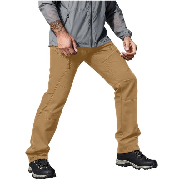 Men's Fleece Lined Cargo Ski Pants Waterproof Outdoor Snow Pants for Skiing with Pockets Khaki S