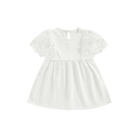 

Frobukio Kids Little Girls Princess Dress Lace Short Sleeve Round Neck High Waist Midi Dress Party Prom Dress White 5-6 Years