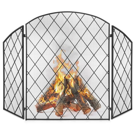 Wrought Iron Mesh - Best Choice Products 50x30in 3-Panel Wrought Iron Decorative Mesh Fireplace Screen Gate Protector Standing Accessory, Fire Spark Guard for Indoor and Outdoor w/ Folding Side Panels - Black