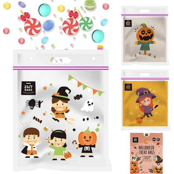 24/7 Bags- Halloween Large Double Zipper Bags, 3 Gallons, 6 Count, 3 Designs, Heavy Duty, Carry Handle, BPA-Free