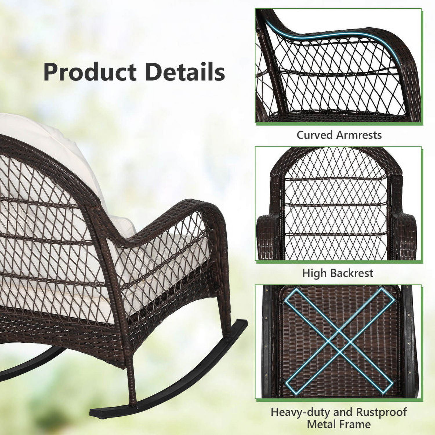 Aimee Lii Outdoor Rocking Chair with Cushion, Wooden Patio Rocker Chair for Lawn, Porch and Garden, White