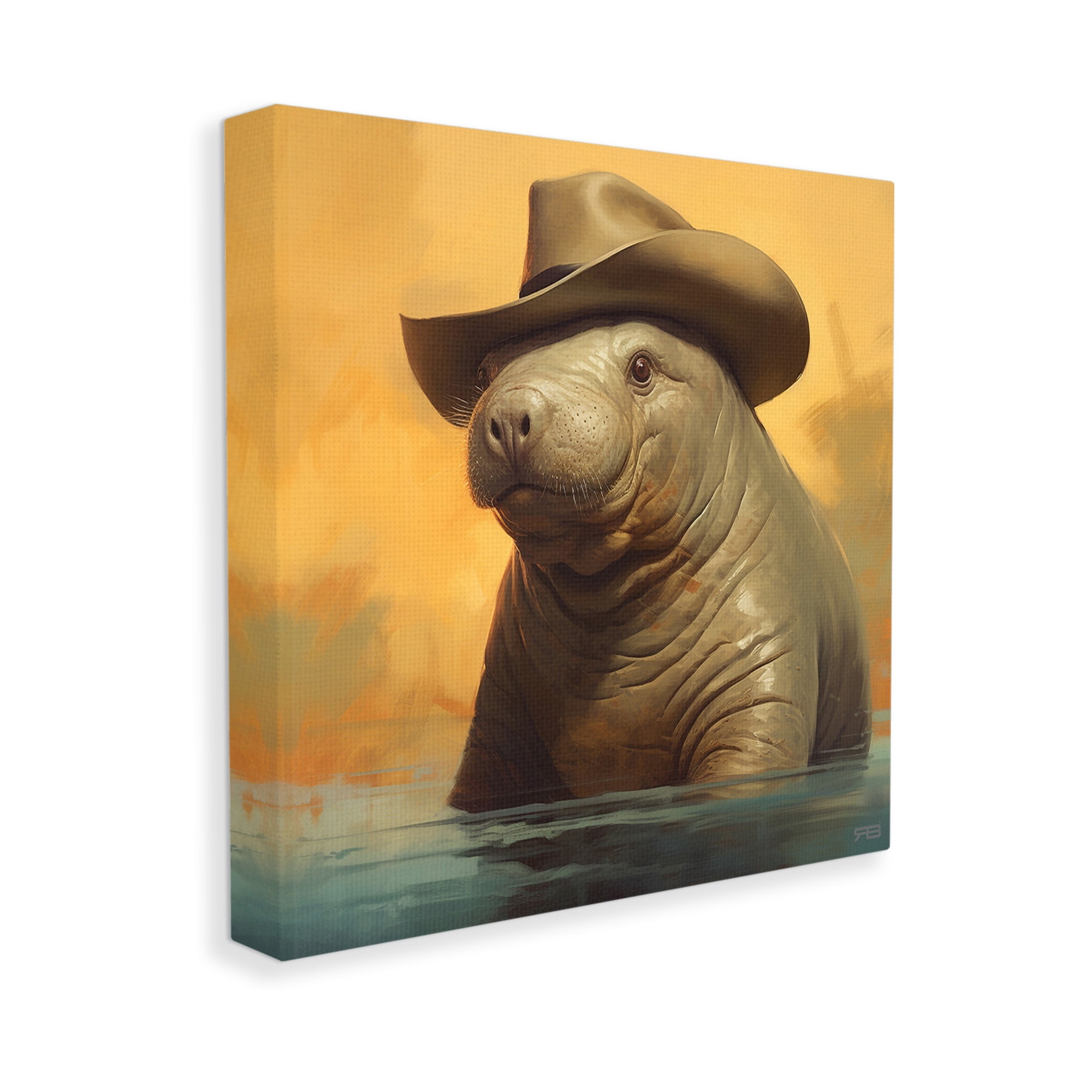 Stupell Industries Swimming Manatee with Hat Animals & Insects Painting Gallery Wrapped Canvas Art Print Wall Art, 17 x 17