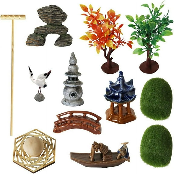 Japanese Zen Garden Accessories Kit - Japan Miniature Fairy Garden Set for Micro Landscape Terrarium Decoration Tabletop Meditation Rock Zen Gifts Zen Tool Rake Pagoda Stamp Bonsai Tress