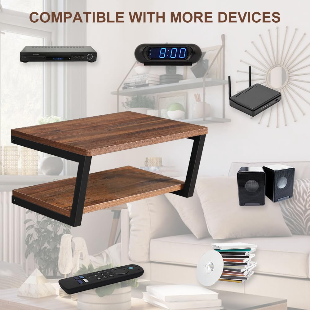 LUCKUP Wall Mounted Floating Wall Shelves, 2 Shelves Wood with Metal Steel Frame Projector Shelf, AV Media Stand, Entertainment Center, Strengthened Metal Steel Frame