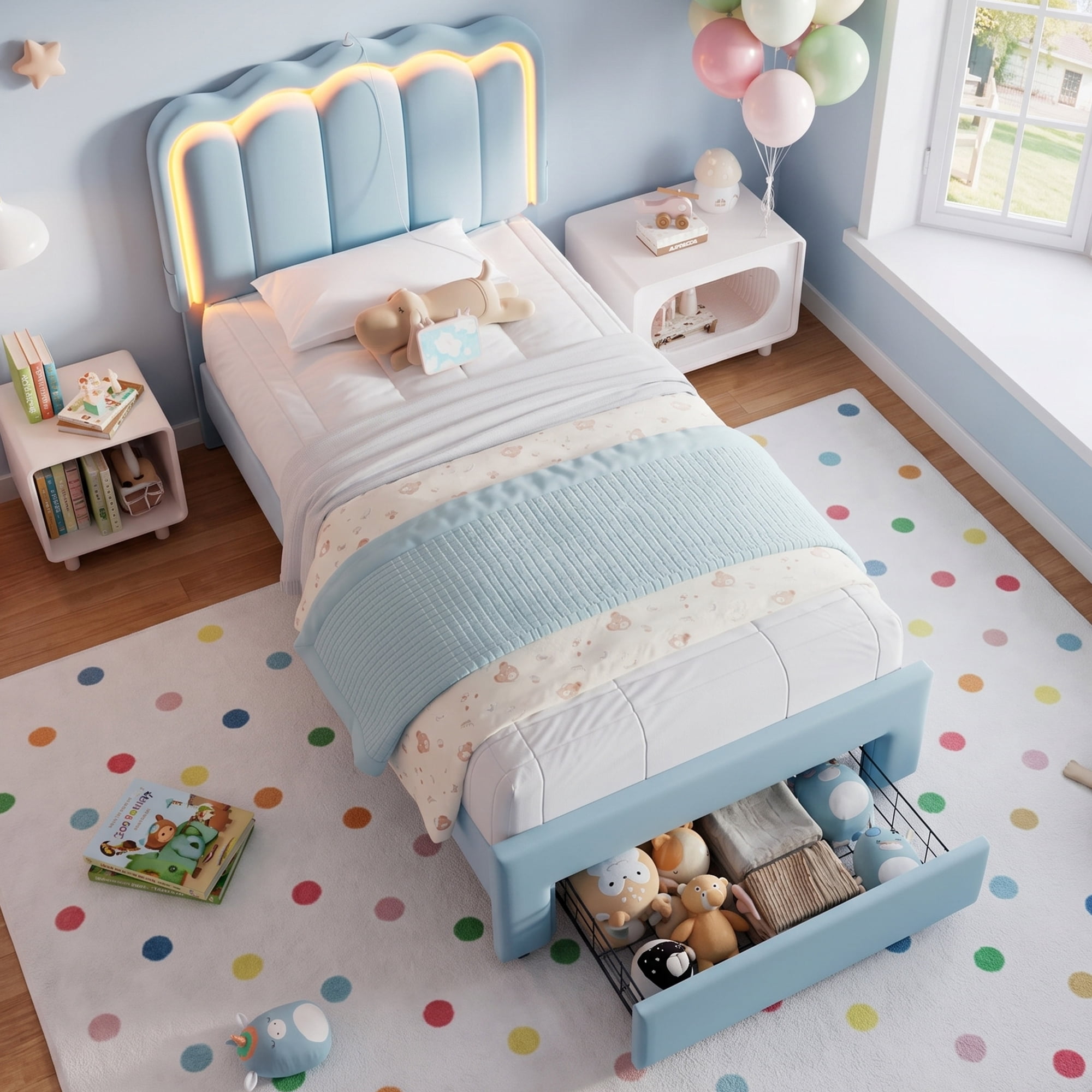 Hijob Twin Size LED Bed Frame for Boys/Kids with Storage Drawers, Velvet Upholstered Platform Bed with Adjustable Headboard, Built in Charging Station, Blue
