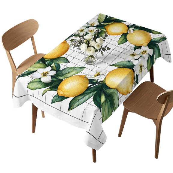 Rectangle Tablecloth, Watercolor Lemon Flowers Wreath Waterproof Table Cloth 52x70 in Abstract Plaid Botantical Washable Spillproof Table Cover for Kitchen Dining Party Decor Outdoor Camping
