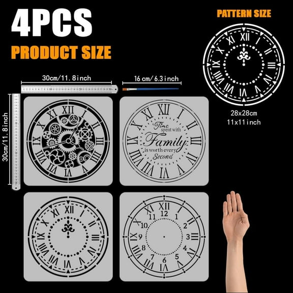 4-Piece Clocks Painting Stencils with Brush 11.8x11.8 inch Clock Face Templates Arabic Numerals Hour Hand Second Hand Gears Letters DIY Crafts