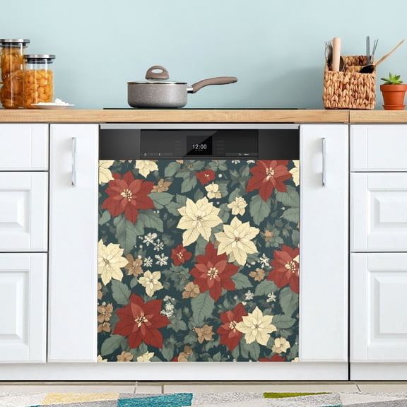 Yayeee Magnetic Dishwasher Cover for The Front Decoration Home Kitchen Machine Sticker Protector, Christmas Blooms