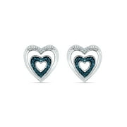 STERLING SILVER 0.03 CTTW WHITE & BLUE DIAMOND HEART EARRING