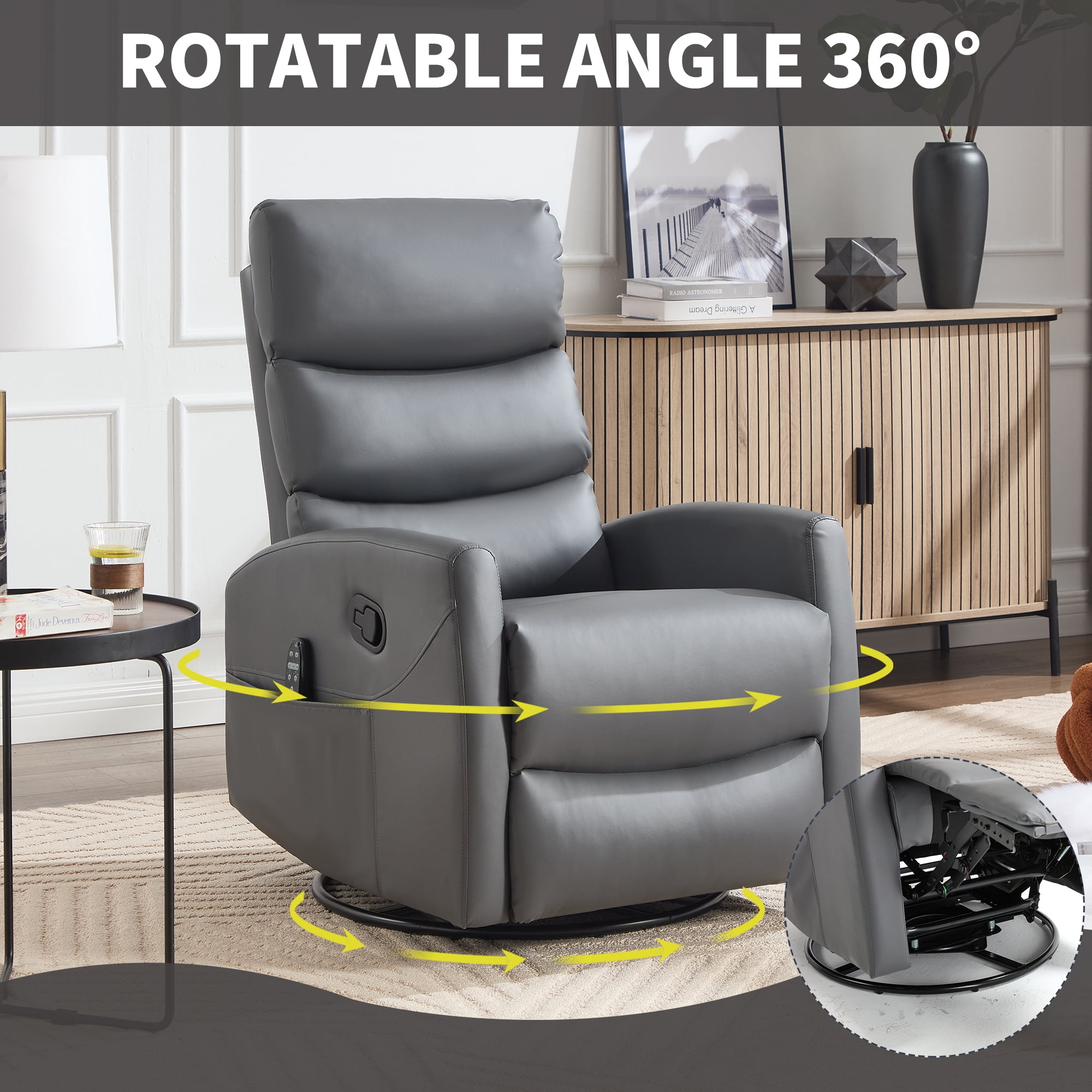 Leumius Swivel Recliner Chair,360° Glider Rocking Chair with Massage and Heating,PU Leather Small Manual Recliner for Nursery Home Theater,Gray PU