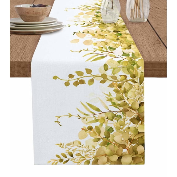 ERUNPONLY Yellow Eucalyptus Leaves Table Runner - 72 Inch Long Spring Floral Summer Botanical Cotton and Linen Blended Dress Scarves Farmhouse Table Runner for Kitchen Dining, Coffee Table, 13" x 72"