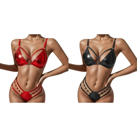 2-Pack Women Fashion Lingerie 2pack PU Leather Harness Lingerie Set With Chain Linked Hand Ring Women Lingerie V Neck Nightwear Satin Sleepwear Lace plus Size Strapless Bra 46ddd Lingerie
