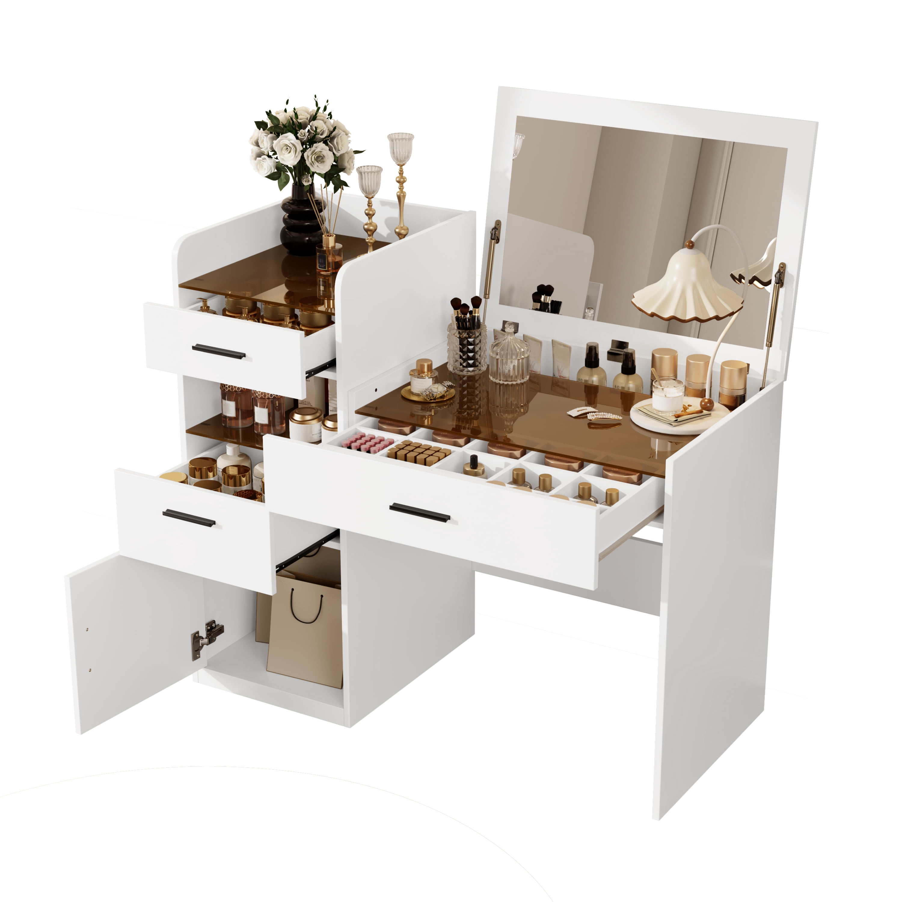 Space-Saving 3-in-1 Vanity Desk with Flip Top Mirror and Hidden Storage, Glass Top Makeup Table with 3 Drawers and Cabinet for Bedroom, White