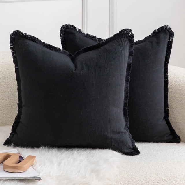 Fundas de almohada MANDIOO de algodón neutro con flecos de 45 x 45 cm, color negro (2)
