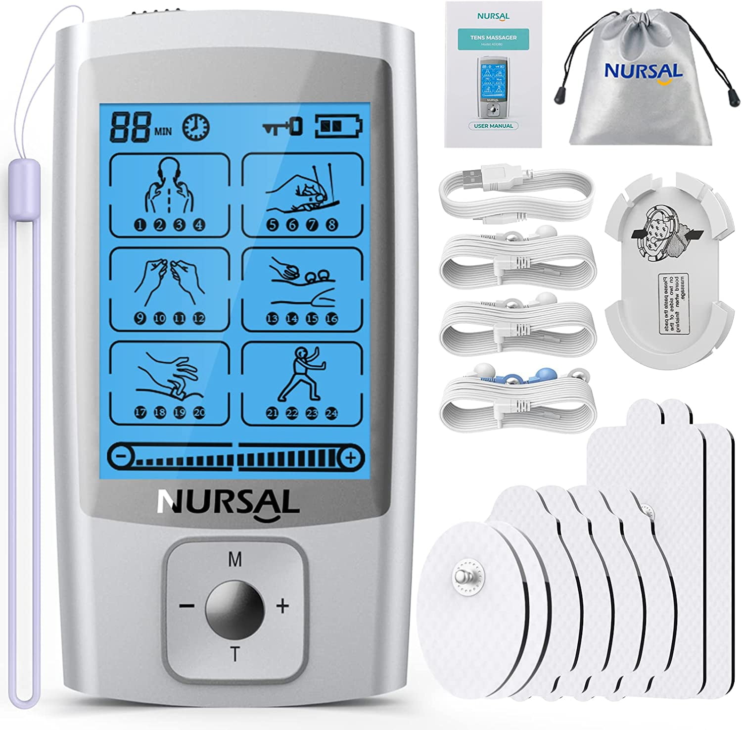 Dropship NURSAL Dual Channel Touchscreen TENS Unit Muscle Stimulator  Machine With 24 Modes Rechargeable Massager For Pain Relief Therapy, 16  Electrodes Pads And Back Clip to Sell Online at a Lower Price