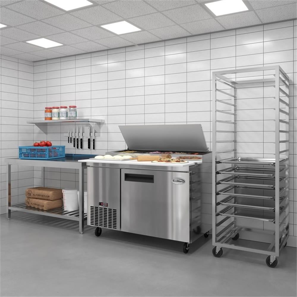 Pemberly Row Silver 50" One Door Commercial Pizza Prep Refrigerator in Steel