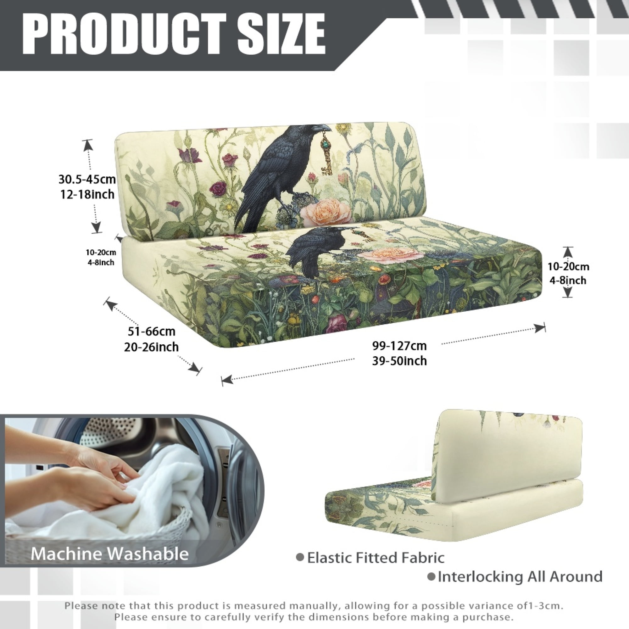 FOR U DESIGNS Raven Rose Leaf Print 2 Pcs RV Dinette Cushion Covers Scratch-resistant Camper Cushion Slipcover Stretch Sofa Furniture Protector Include1 Backrest Covers and 1 Bench Covers