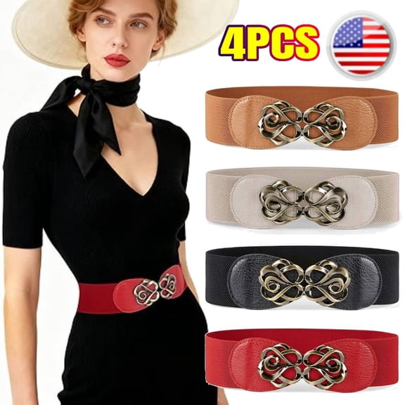 4 PACK Stretchy Belts for Women, Belts for Dresses Vintage Elastic Wide Waist Belts, Wide Belt for Jeans Pants Dresses