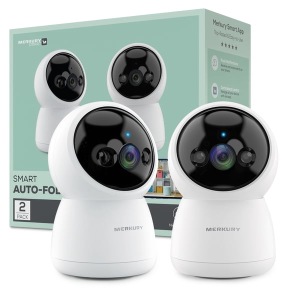 Merkury Smart 2K Auto-Follow Indoor Cameras with Motion Tracking, 2 Pack