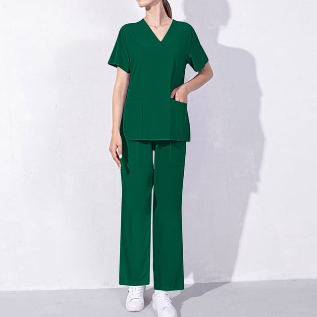 Xysaqa Uniforms Ensemble d'Uniforme pour Femmes Confortable, Haut Col en V, Pantalon Droit Extensible, Couleur Unie, P-TTG, Vert