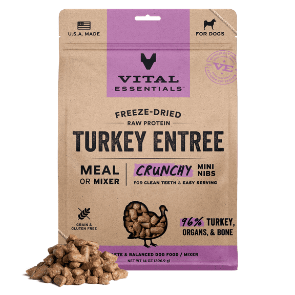 Vital Essentials Freeze-Dried Raw Turkey Meal or Mixer Dog Food Crunchy Mini Nibs, 14 oz