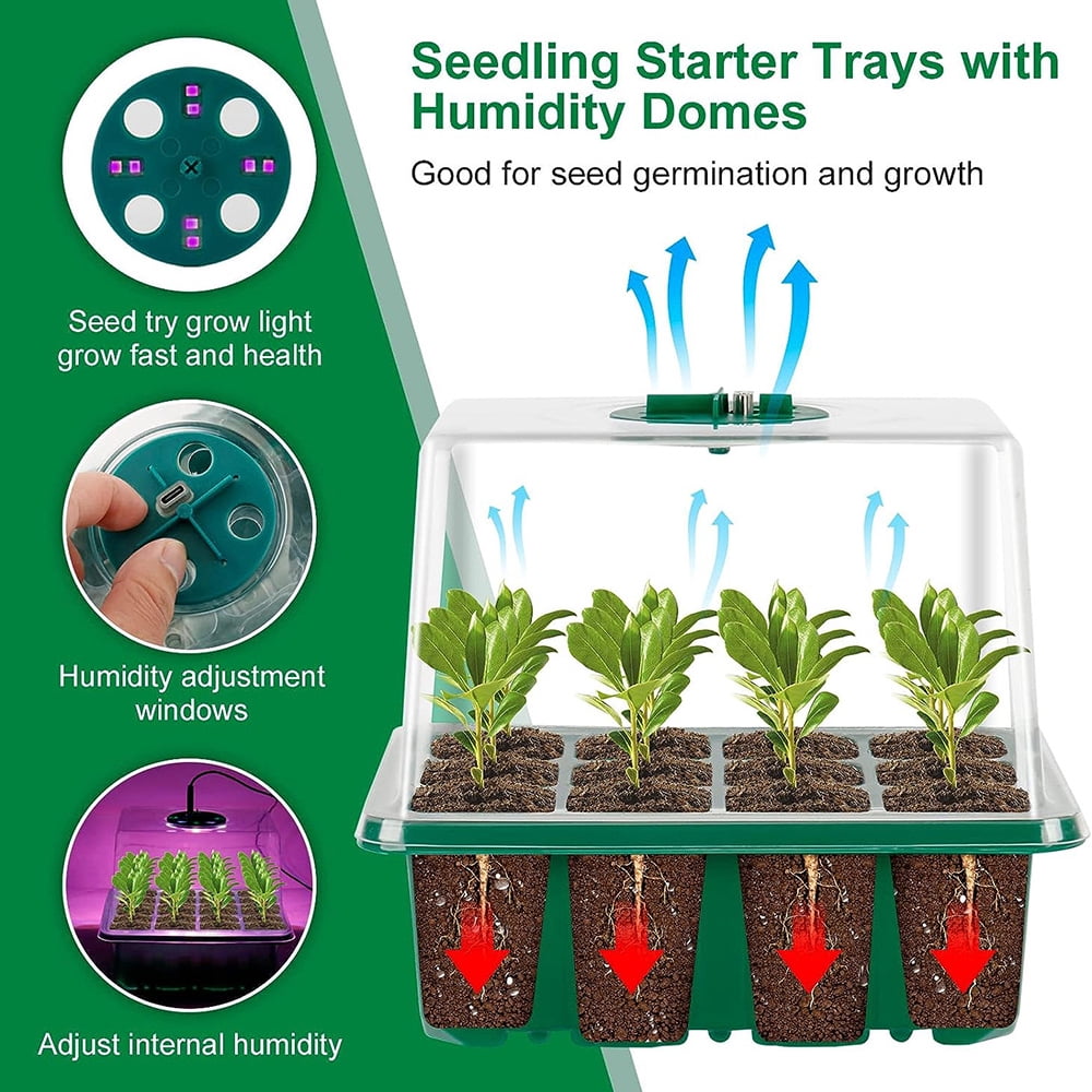 LAPAMAX 4Pack Seed Starter Trays Kits With Grow Light, Adjustable Brightness & Humidity, for Greenhouse Seedlings