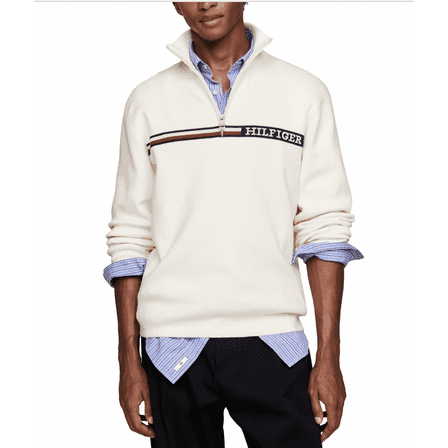 Tommy Hilfiger Men's Monotype Logo Stripe Quarter-Zip Sweater - White - S