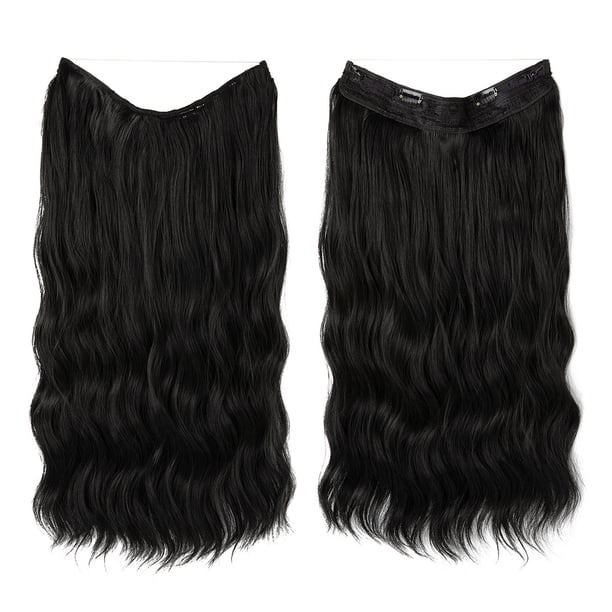 Xiao Hua Extensiones de cabello de alambre, gruesas, rizadas, onduladas, invisibles, con clip de línea de pescado, sintéticas, para mujer, 16 pulgadas, color negro natural