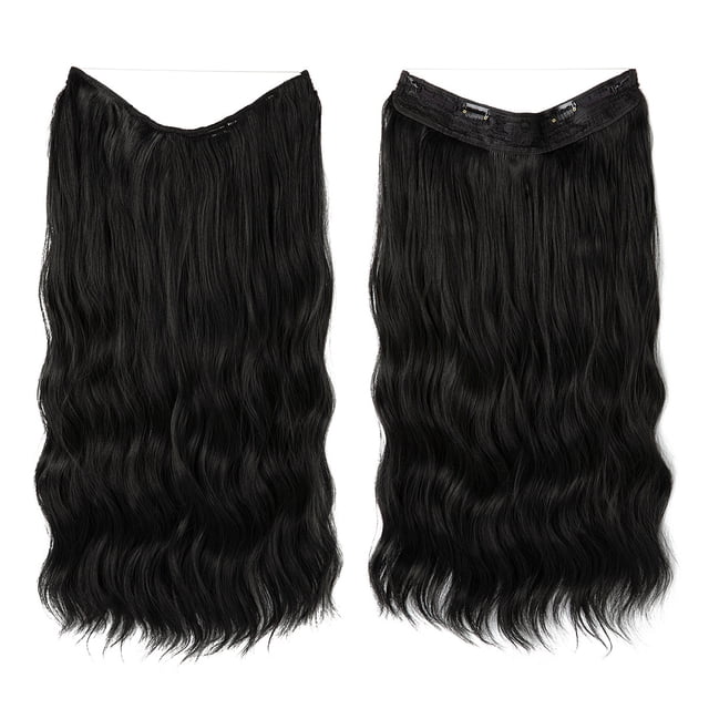 Nvzi Extensiones de cabello con alambre, gruesas, rizadas y onduladas, invisibles, con clip, sintéticas, para mujer, 20 pulgadas, color negro natural.
