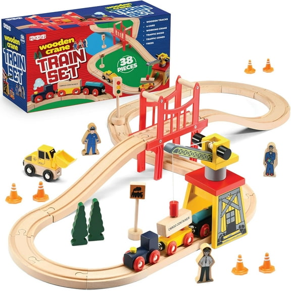 Play22 Compatible Wooden Model Train Track with 1 bulldozer 1 Crane, Wooden, 38 Pieces 11"