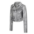 thumbnail image 3 of Ashirexll Leather Jacket Women Fall Winter Fashion Solid Color Lapel Long Sleeve Belted Faux Leather Moto Jacket Coat Silver S, 3 of 4