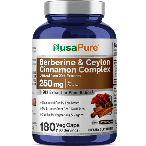 NusaPure Berberine with Ceylon Cinnamon Capsules, 250 mg, 180 Veg Capsules (Non-GMO, Vegan)