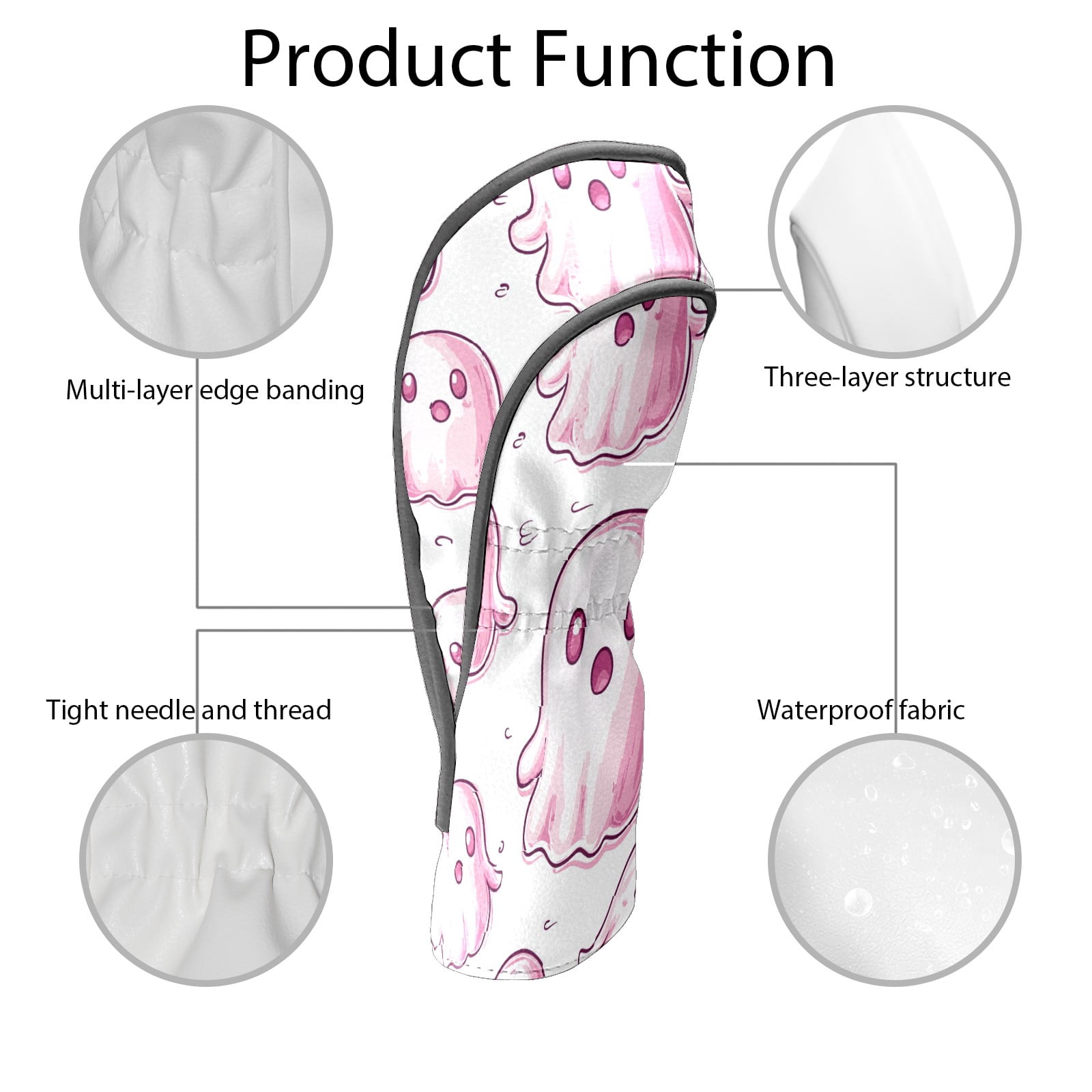 Golf Club Covers, DarkPink Cartoon Ghosts Premium PU Leather Driver Hybrid Putter Head Covers with Velvet Lining, Waterproof Golf Gifts for Men Women
