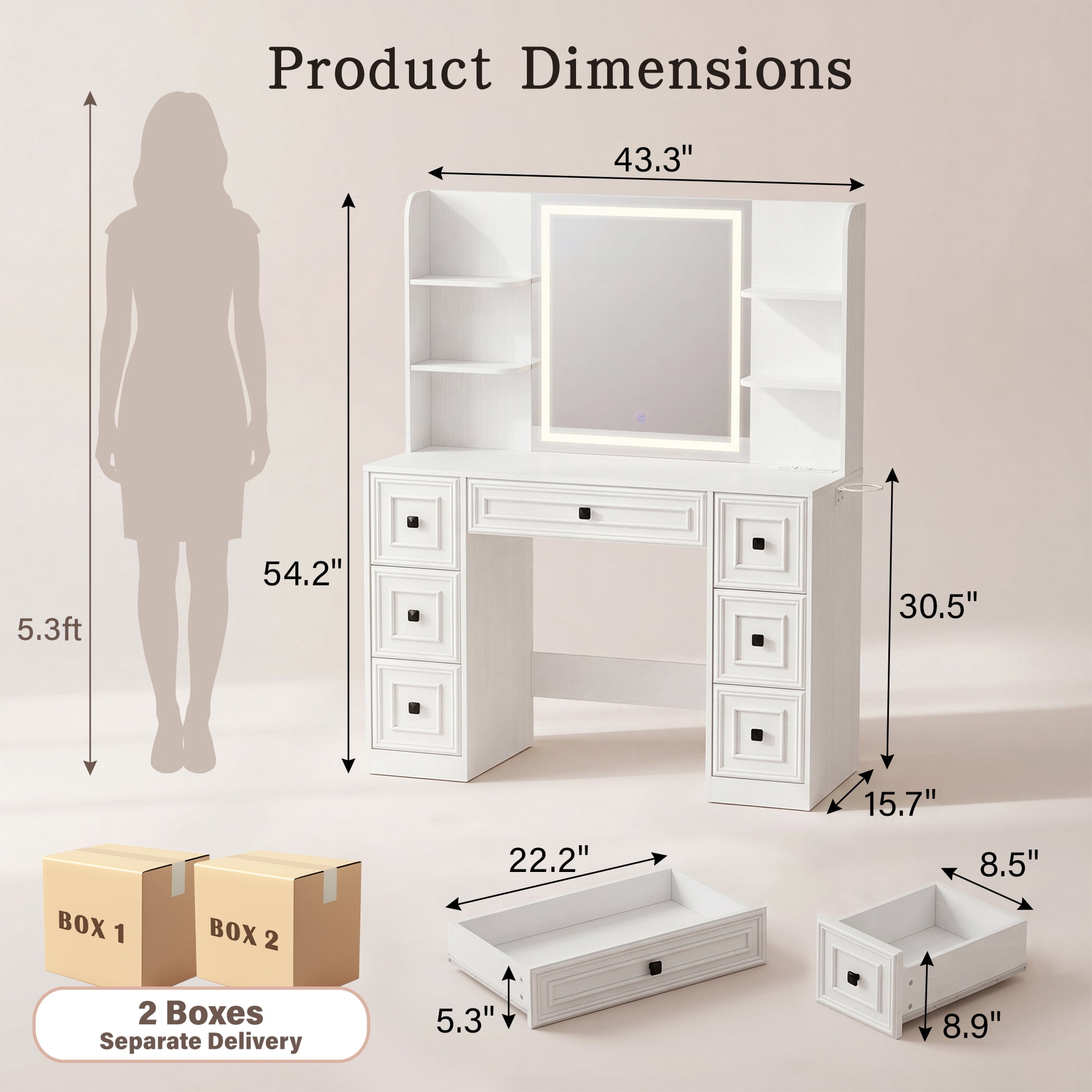 Lacoo Makeup Vanity Desk with LED Lighted Mirror & Charging Station, 7 Drawers Vanity Table with Open Shelves & Hair Dryer Holder for Bedroom Dressing Room, White