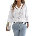 thumbnail image 3 of Women Vintage Knit V-Neck Hollow Contrast Stripe Lantern Long Sleeve Loose Knit Pullover Sweater White S, 3 of 10