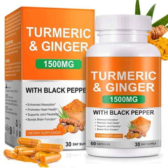 Turmeric Curcumin Supplement 1500mg, Tumeric & Ginger Black Pepper for General Wellness, Vegan, Non-GMO, 60 Capsules