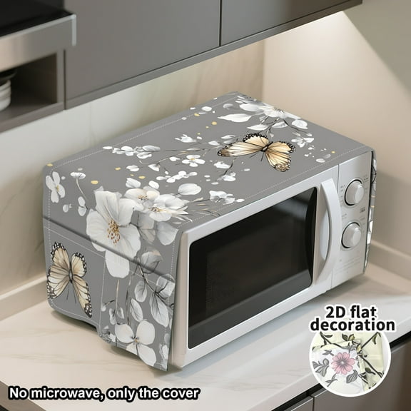 Gray simple flowers Microwave Oven Cover Dust Oil Proof Cloth Machine Protector Decorative Kitchen Appliance Cover with Side Storage Pockets ches