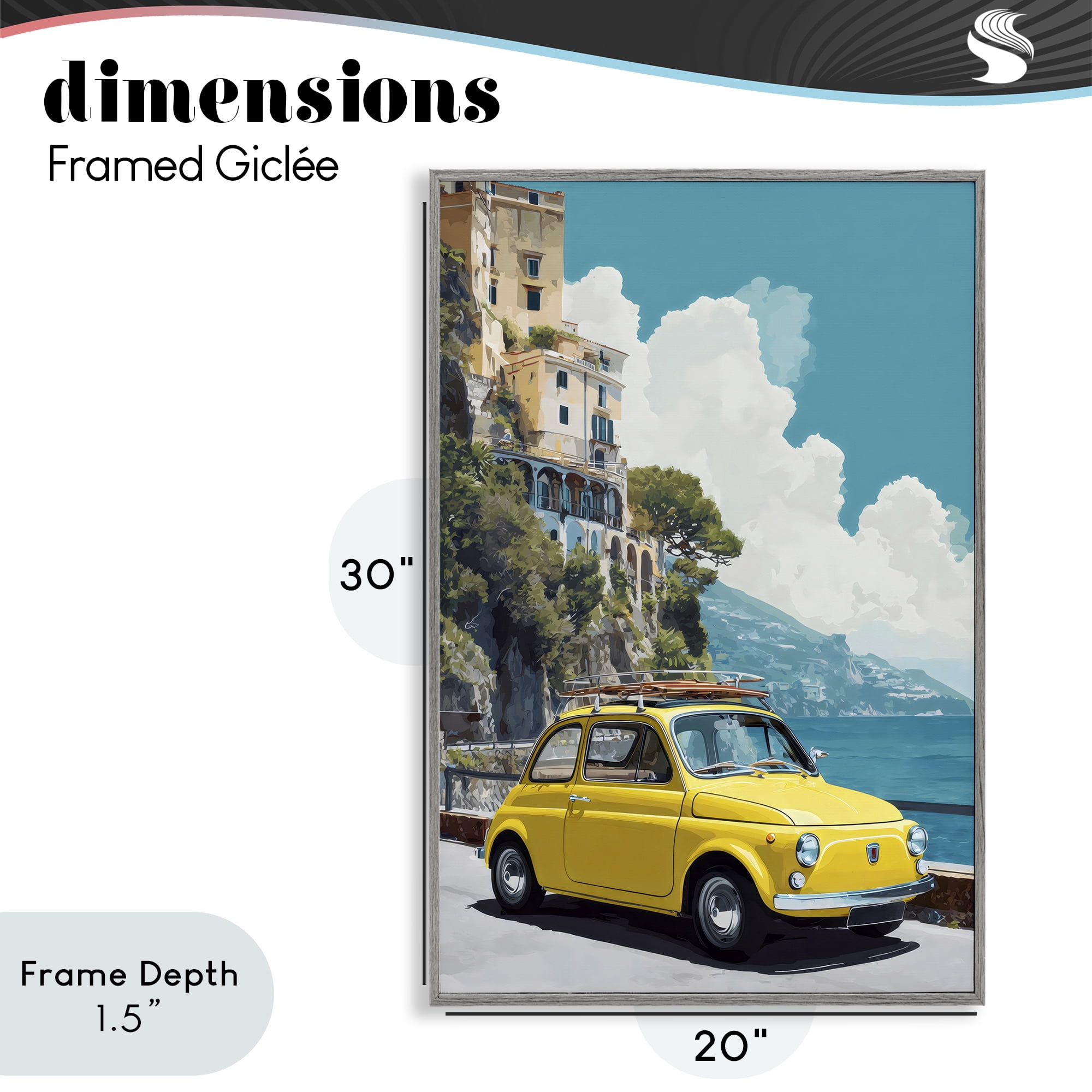 Stupell Industries Yellow Car on Coast Gray Framed Giclee Art, design by Petal Prints Design