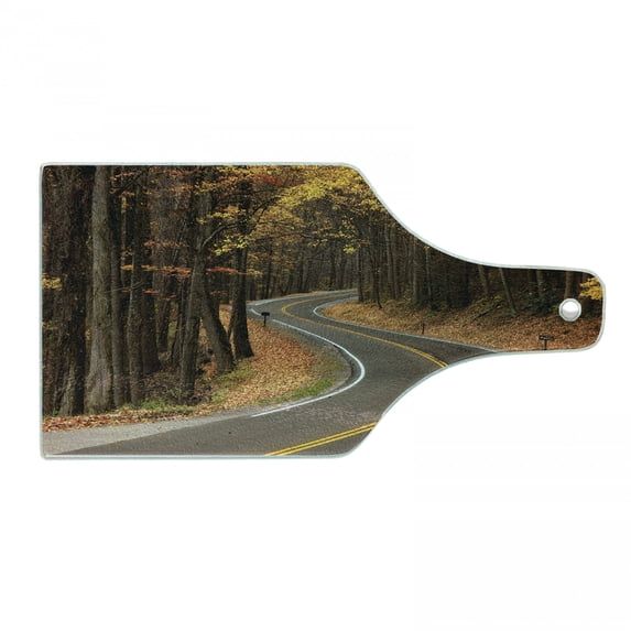 Fall Cutting Board, Curvy Roadway Through the Forest Smokey Mountains Change of Seasons Traveling, Decorative Tempered Glass Cutting and Serving Board, Wine Bottle Shape, Multicolor, by Ambesonne