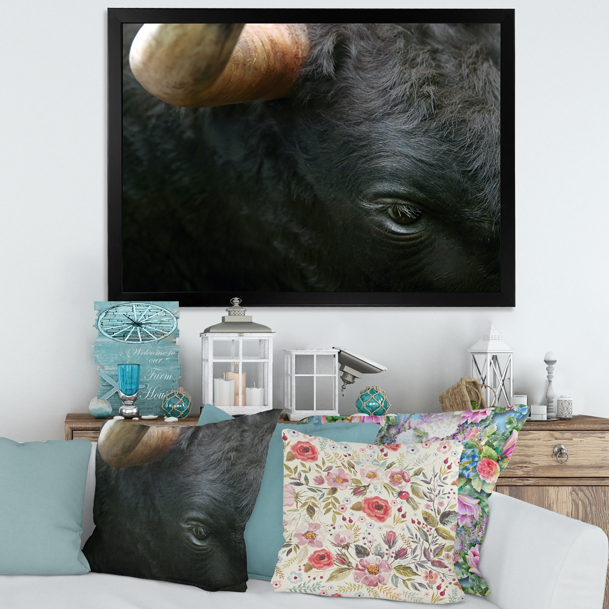 Designart 'Close-Up Of Eye Fighting Bull Head ' Farmhouse Framed Art Print