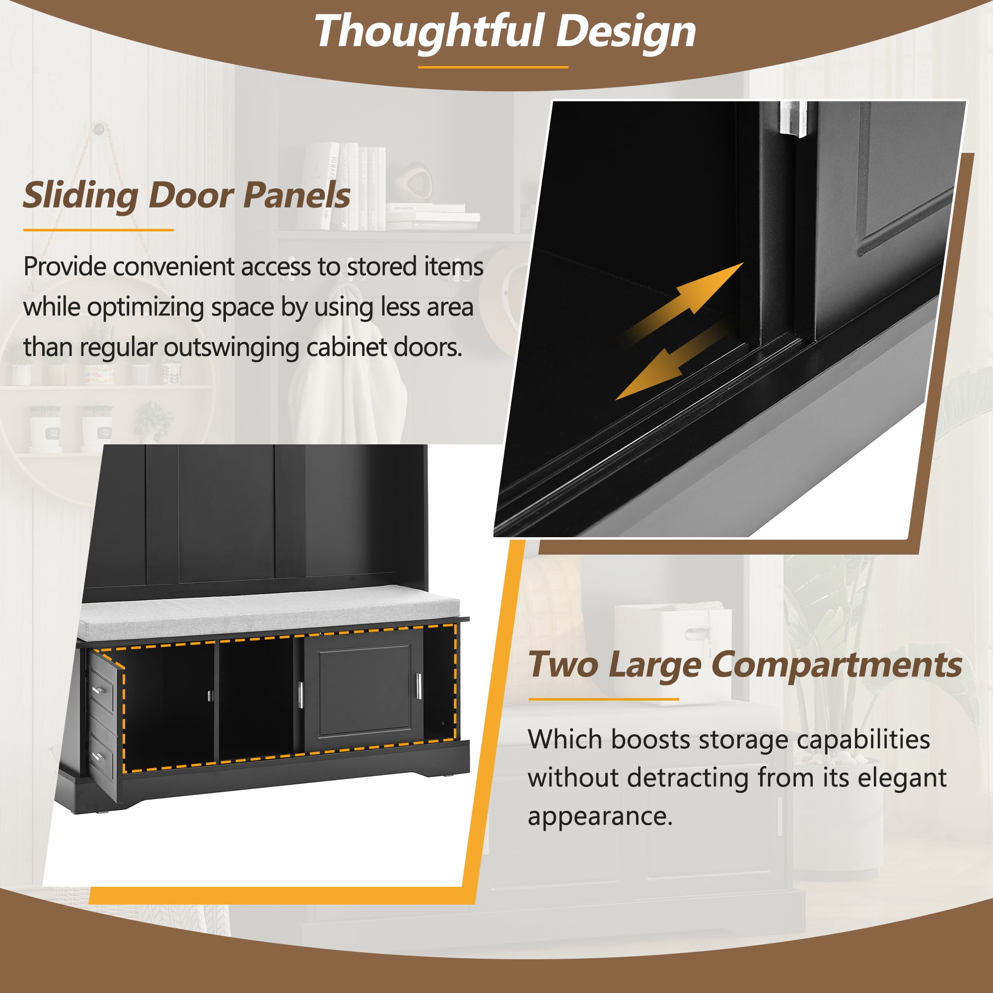 MAYEERTY Elegant Hall Tree:Sliding Doors, 6 Hooks & Handles, Mudroom Bench Cabinet with Shoe Storage, Black