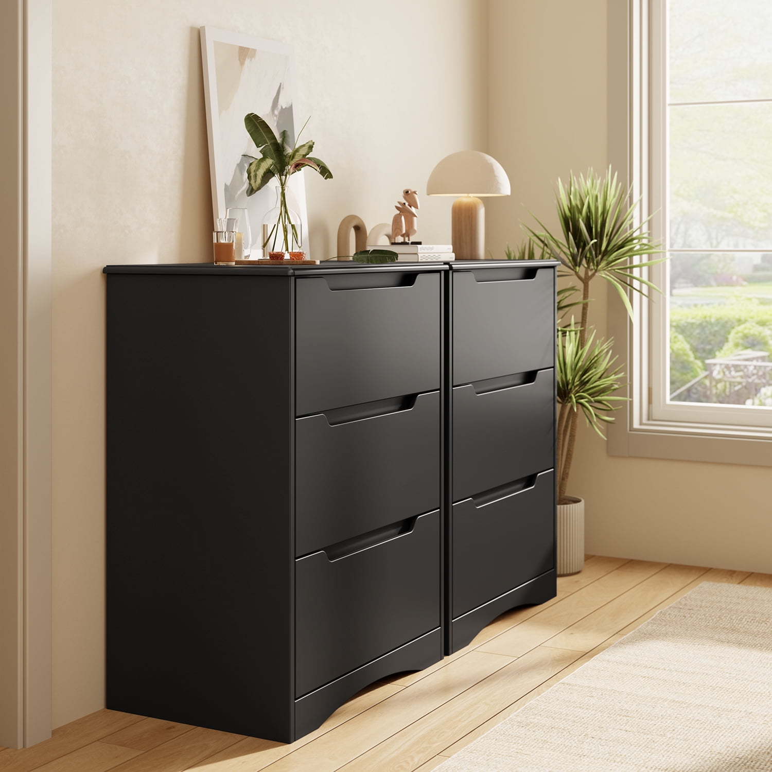 Dresser for Bedroom, Lofka Heightened 3 Drawer Dresser with Cutout Handles, Anti-Tip Safety, Modern Wood Chest of Drawers, Black