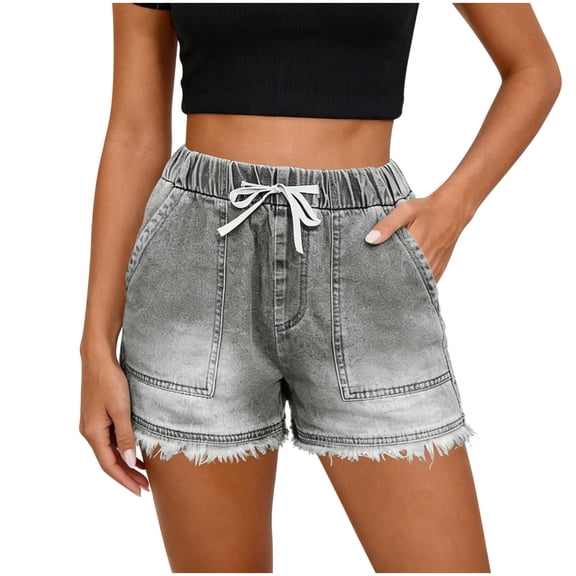 BUIGTTKLOP Womens Jean Shorts Soft Elastic Waist Summer Casual Denim Short Pants with Pockets