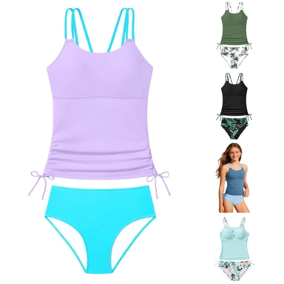 NAFUU Girls Tankini Swimsuit Solid Color Tankini Top With Tropical Printed Bikini Bottoms Two Piece Swimsuits Summer Girls Bathing Suit Beachwear 7-8 Years