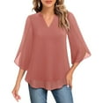 thumbnail image 2 of Long Sleeve Shirts for Women Casual Tops Ruffle 3/4 V Neck Double Chiffon Blouses Tops Basic Women's T-Shirts Pink M, 2 of 4