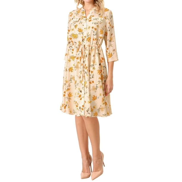 INSPIRE CHIC Vestido Camisero Floral Elegante para Mujeres con Cuello en V, Manga 3/4, Con Cinta Frontal, Vestido de Chifón Fluido S Beige