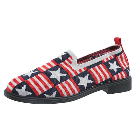 OJSFQUFP Womens Running Shoes Ladies Fashion Striped Five Pointed Star Printed Breathable Mesh Flat Casual Shoes Leather Flats for Women Red 40