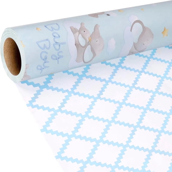 LaRibbons 17" X 33' Reversible Wrapping Paper | Blue Elephant w/ Blue Quilted