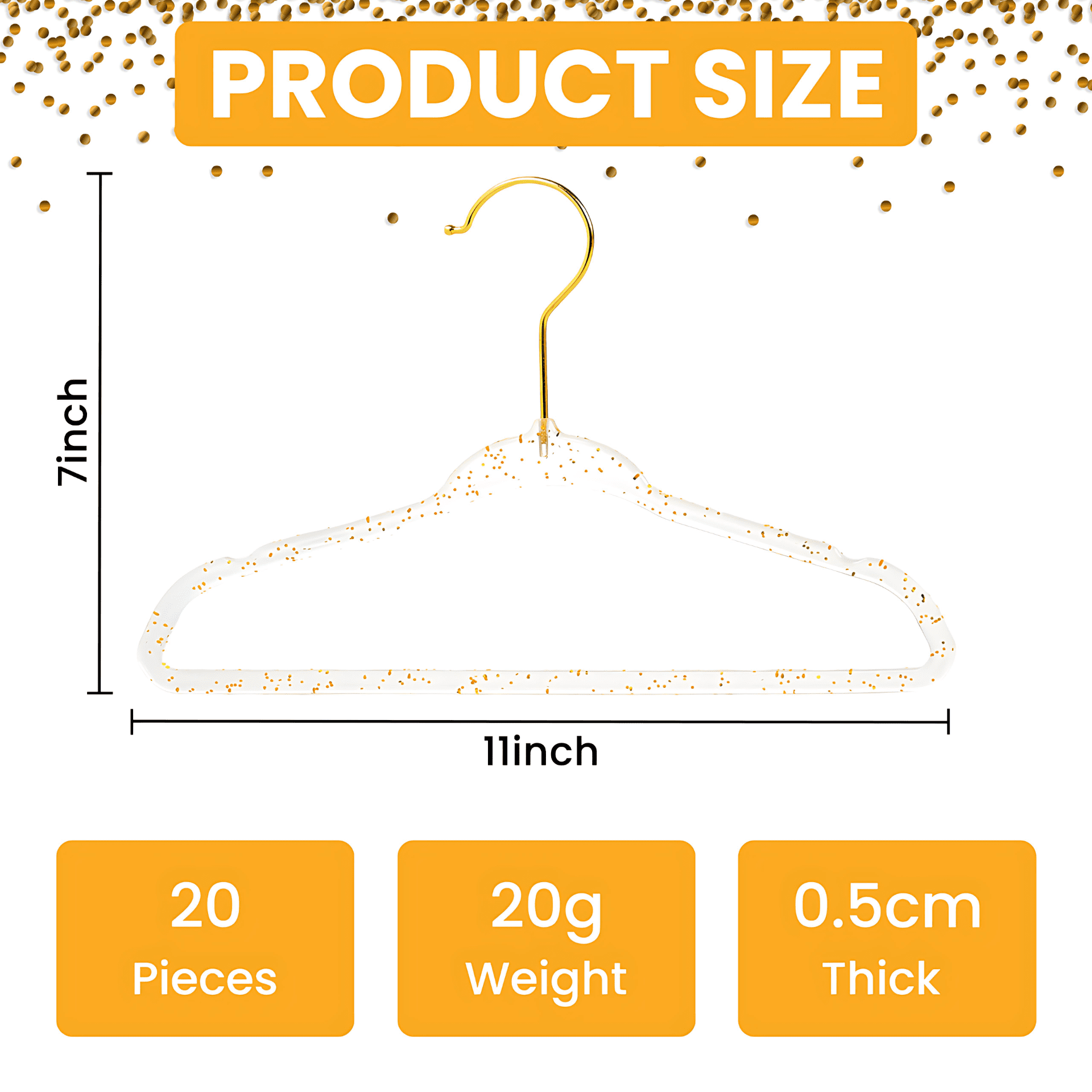 Concepts Baby Hangers, Gold Acrylic Glitter Infant Hangers with Gold Hook - Space-Saving Clothes Hanger, 100-Pack