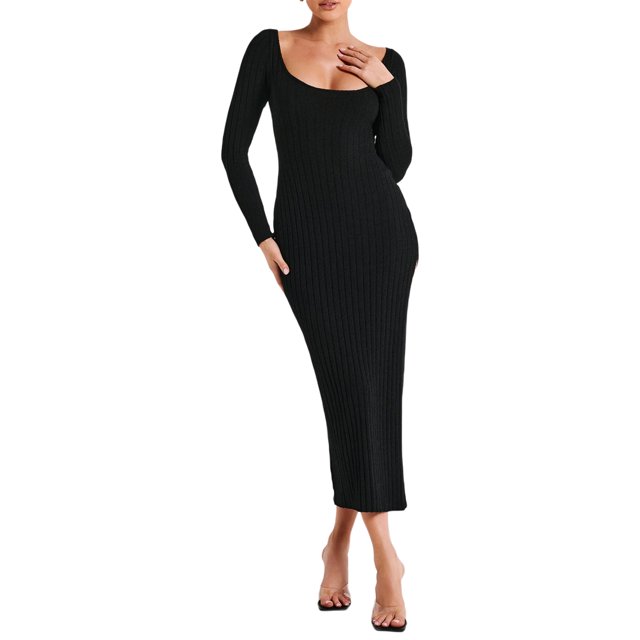 xiaxaixu Robe Longue Moulante en Tricot pour Femmes Couleur Unie Côtelée Col Rond Manches Longues Fendue à la Cuisse